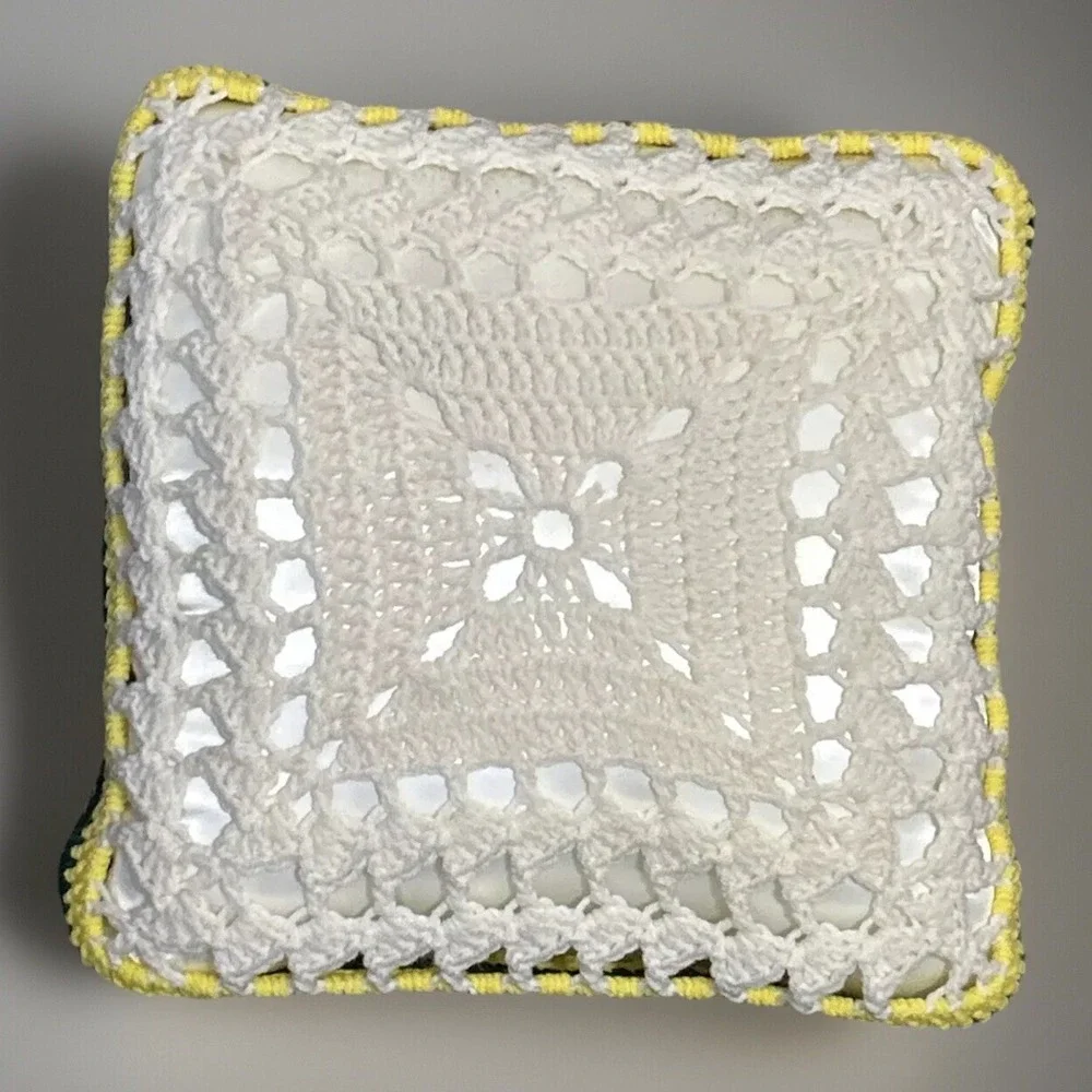 Handmade Crochet Rose Granny Square Throw Pillow Yellow White Green Floral Boho